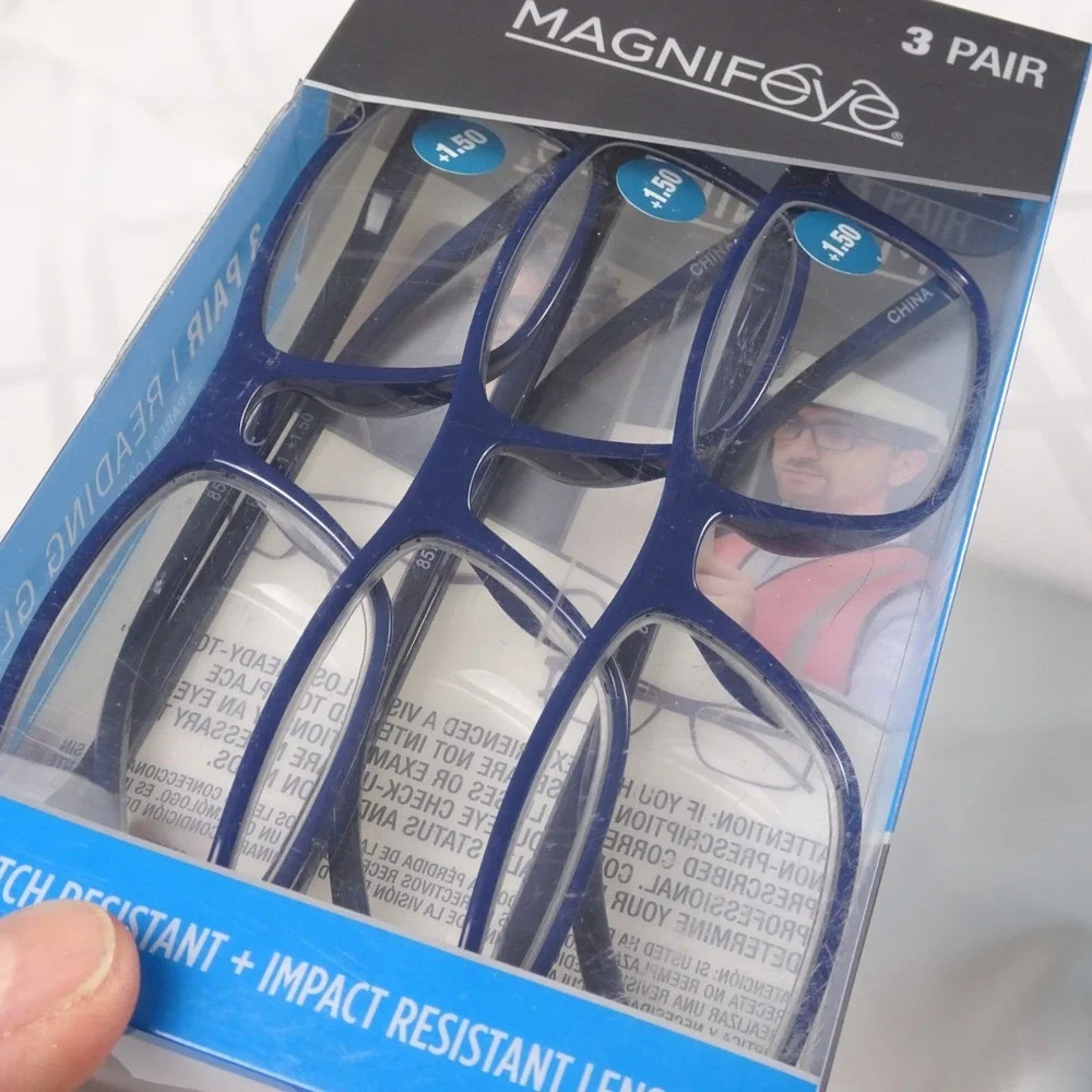 3 Pair +1.50 Magnifeye Scratch Resistant/Impact Resistant Lenses Blue‎ NEW